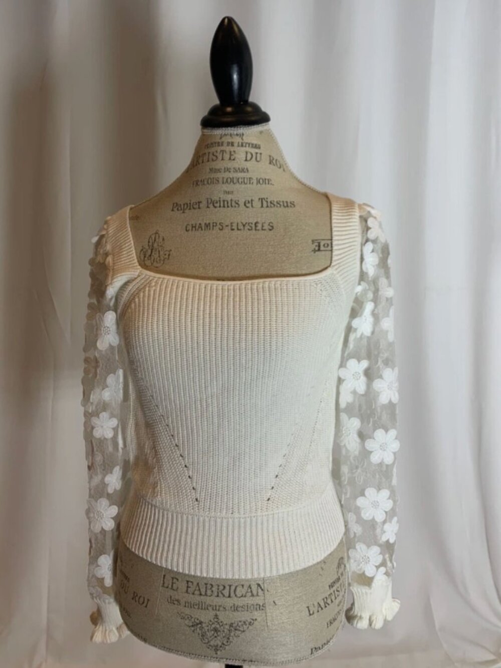 French Connection Juliet Mozart floral applique sheer sleeve sweater